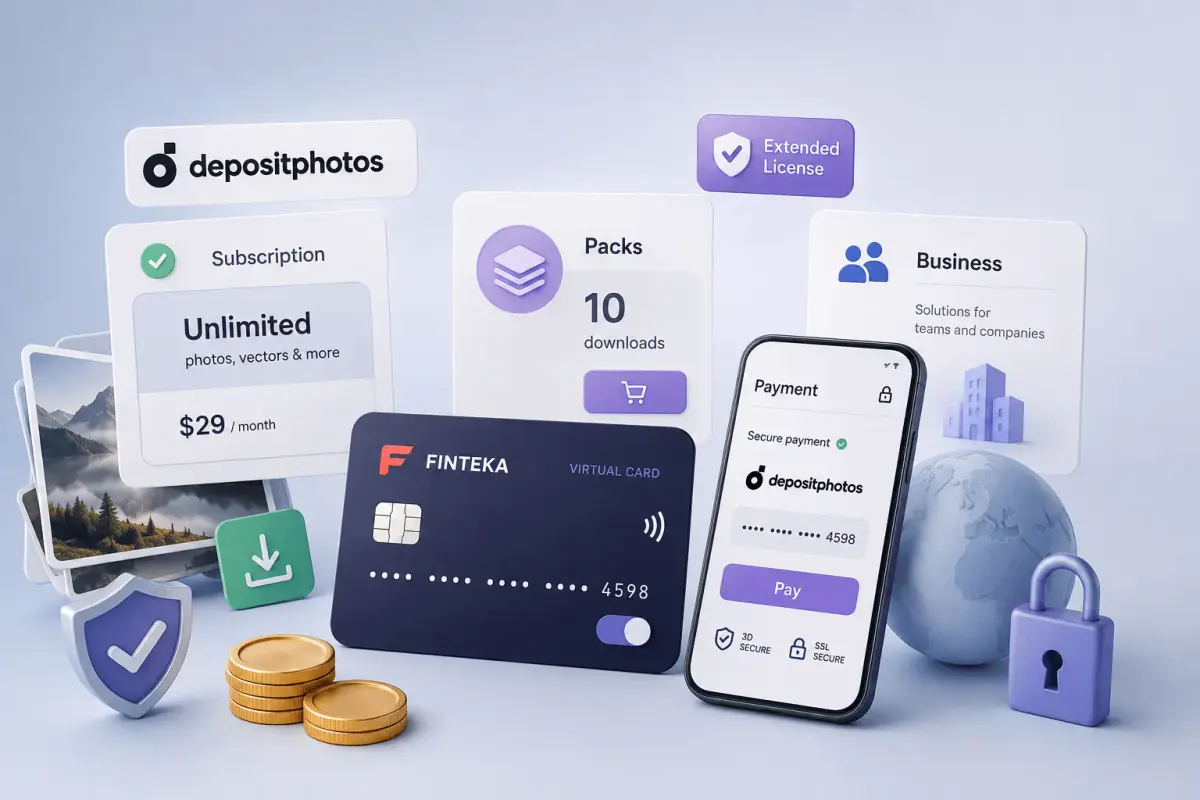 Подписка Unlimited, Packs и Business в Depositphotos с оплатой виртуальной картой