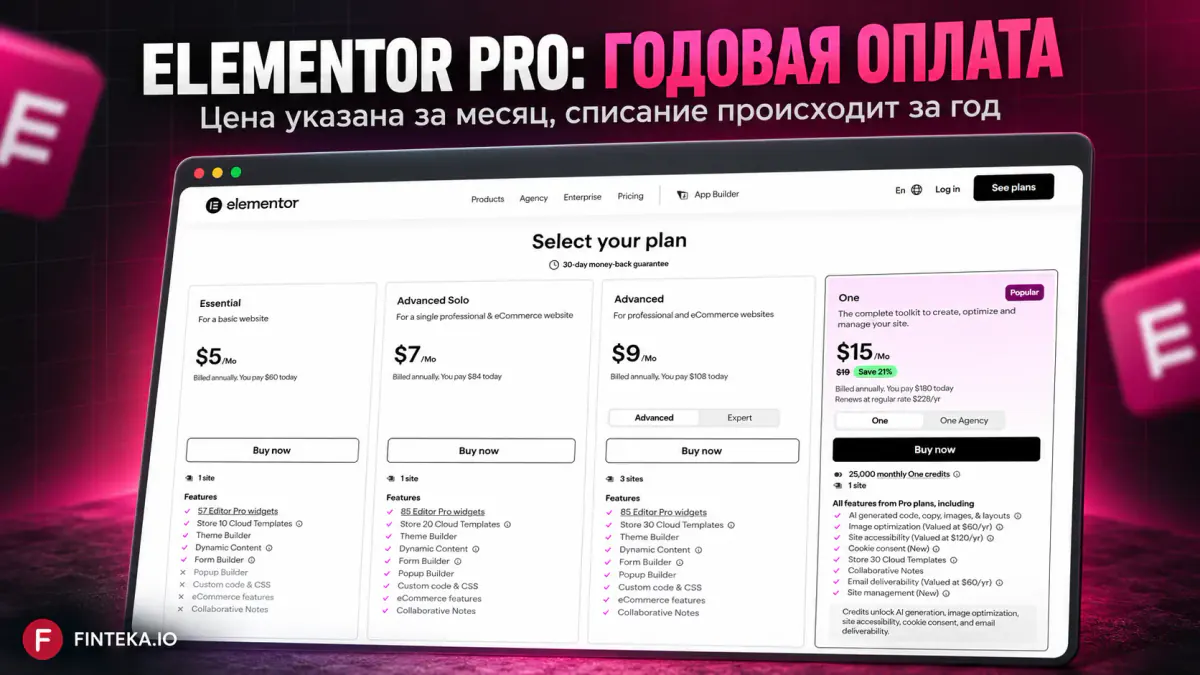 Годовая оплата Elementor Pro: цена за месяц на тарифах и фактическое списание за год