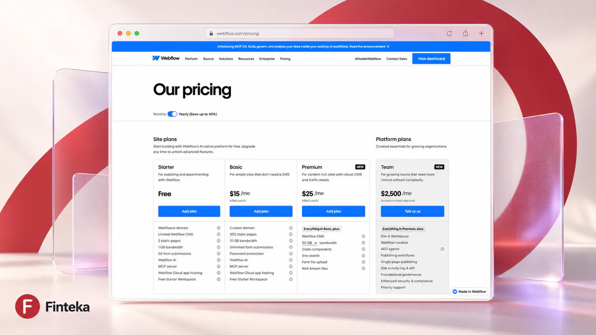 Тарифы Webflow Site plans и Platform plans в 2026 году